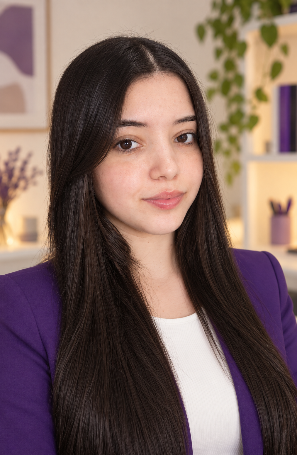 Bruna Santos, designer da B-Criativa, usando blazer roxo