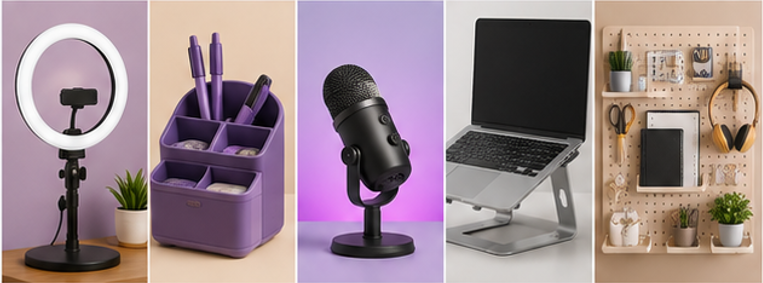 Ring light, organizador de mesa, microfone, suporte para notebook e painel organizador